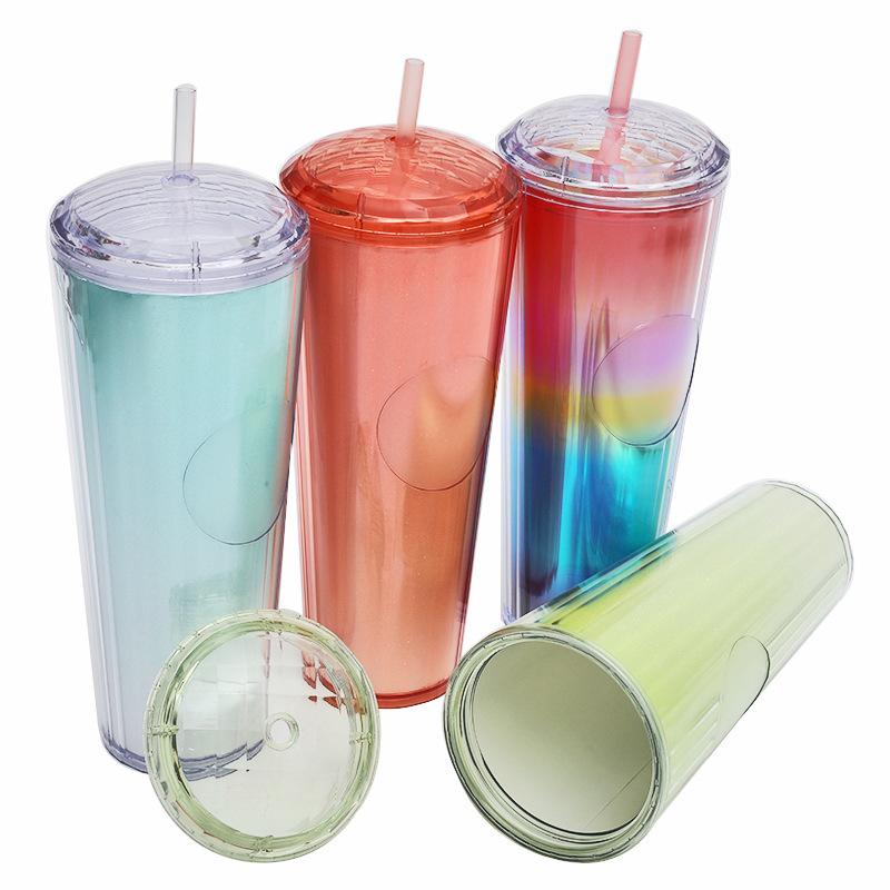 夏用女性向け二重構造シンプルプラスチックカップ 大人向けクリエイティブで持ち運びやすいおしゃれな冷水用ストロー付き携帯カップ|undefined