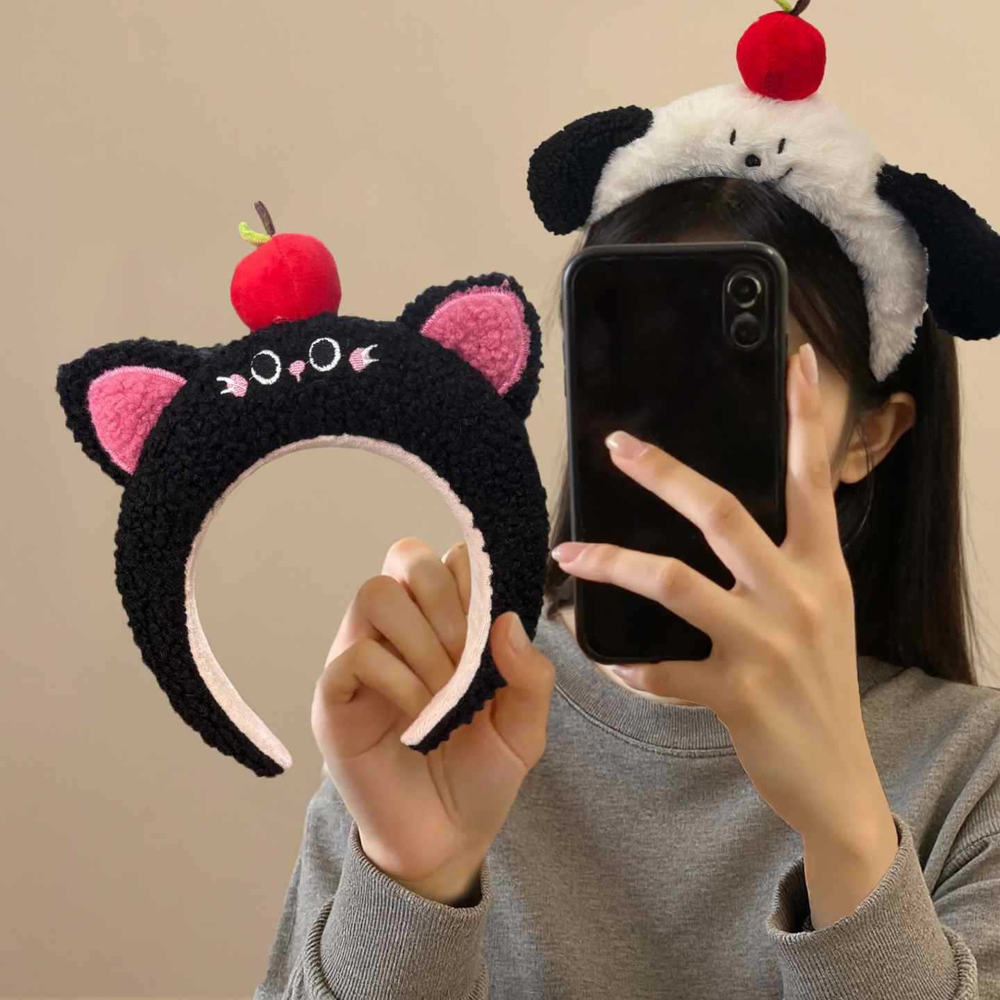 Nuevos dibujos animados pelúcia cabello para mujeres otoño y invierno cráneo alto lavado de cara cabello para gato oídos oídos perros oídos manzana decoración de cabello al por mayor