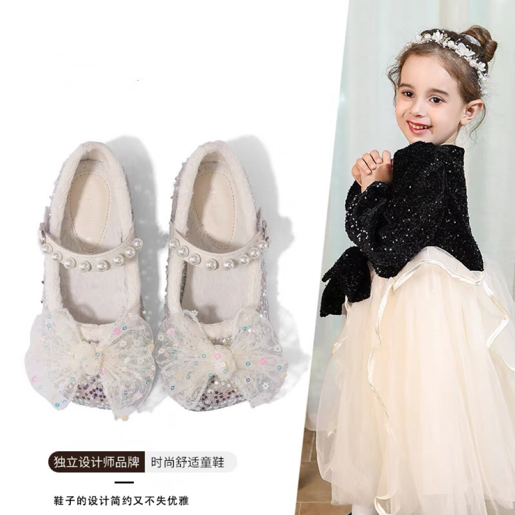 Canyze Girls Princess Shoes 2024 Winter New Children Pearl fleece-lined Dance Shoes Warm Small Leather Shoes
