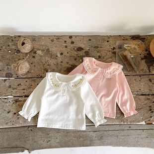 Spring 2024 new infant simple bottoming shirt baby embroidered round neck top T-shirt all-match bottoming shirt