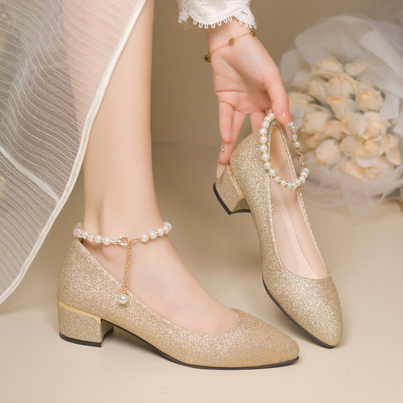 2026 Large Size Gold High-Heeled Wedding Shoes for Women, Chunky Heel Fashion Shoes, Foreign Trade Sequined Women's Shoes to Match Dresses