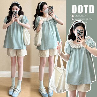 Pregnant women's clothing short person fashion 2025 summer new French Korean style sweet lace stitching Denim pregnant women's top