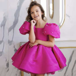 女童主持礼服珍珠泡泡袖公主蓬蓬裙玫红色儿童钢琴走秀舞蹈演出服