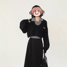 polo领针织衫两件套女秋冬25洋气撞色毛衣背心短款上衣学院风