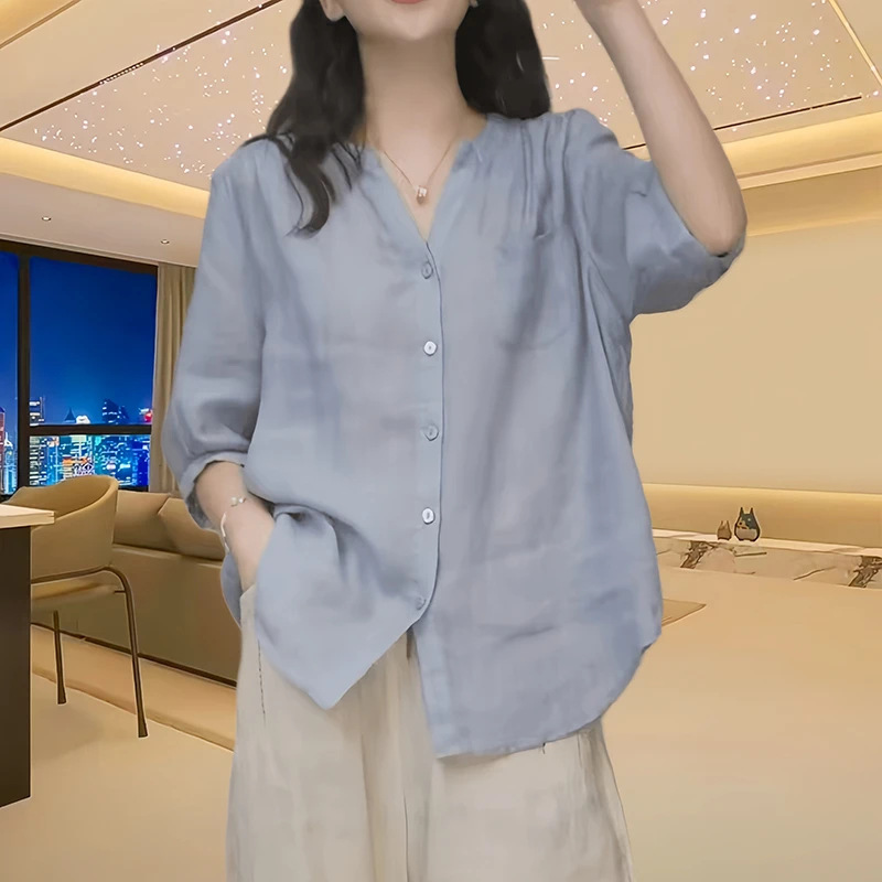 工厂直销大码宽松上衣夏季新款纯色V领斜纹苎麻衬衫女五分中袖洋|undefined