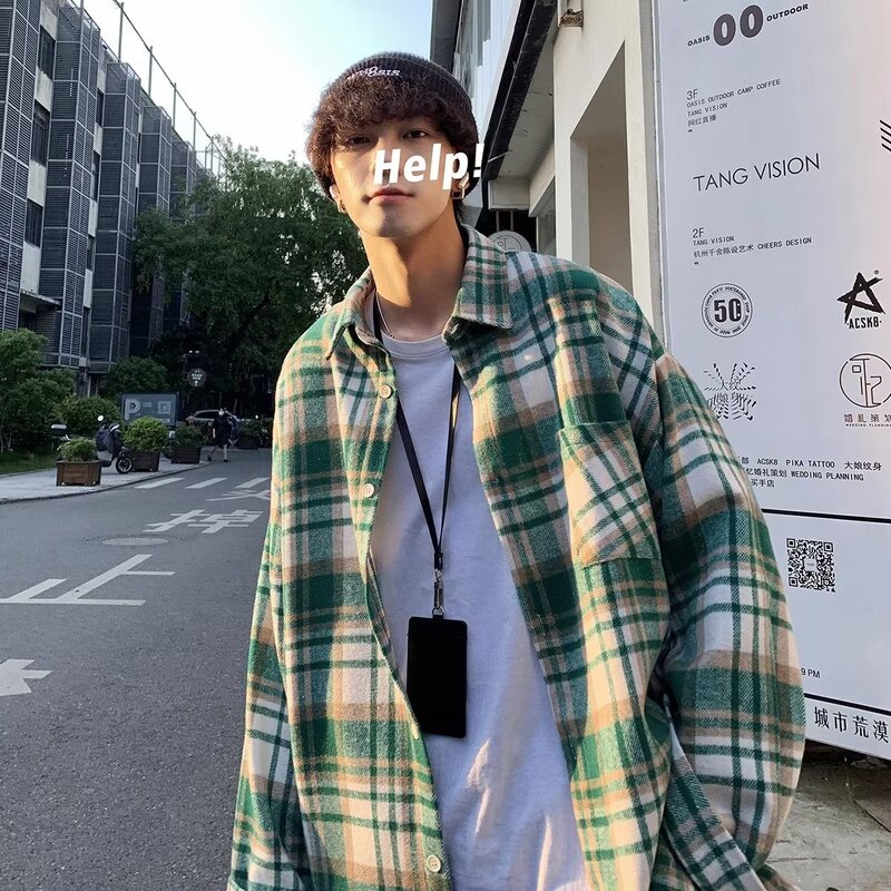 vintage American plaid shirt men's spring and autumn fashion brand Pu Shuai casual jacket Korean fashion woolen coat vintage American plaid shirt men's spring and autumn fashion brand Pu Shuai casual jacket Korean fashion woolen coat