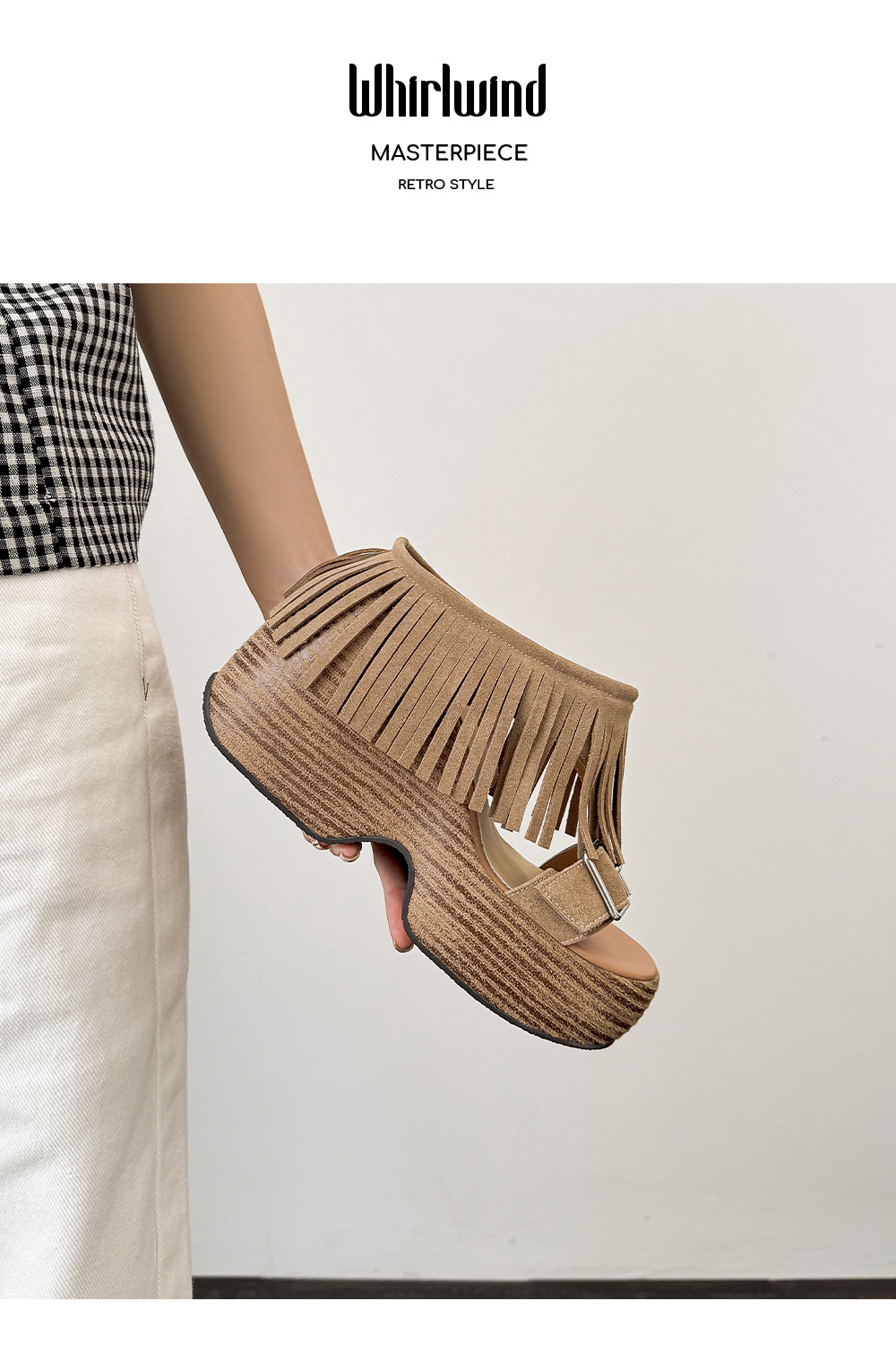 Sandal nữ hở mũi đế dày gót 11 cm tua rua quai ngang khóa — nâu sẫm chi tiết 10
