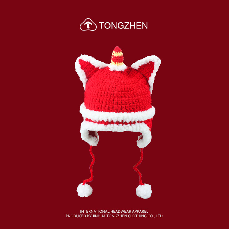 Chapeau d'éveil en laine de style chinois, tête parent-enfant, fait à la main, chaud, automne et hiver, tigre du nouvel an_voghion.com