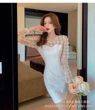 白色晚禮服韓版氣質名媛洋裝圓領立體玫瑰透視長袖修身顯瘦連衣裙