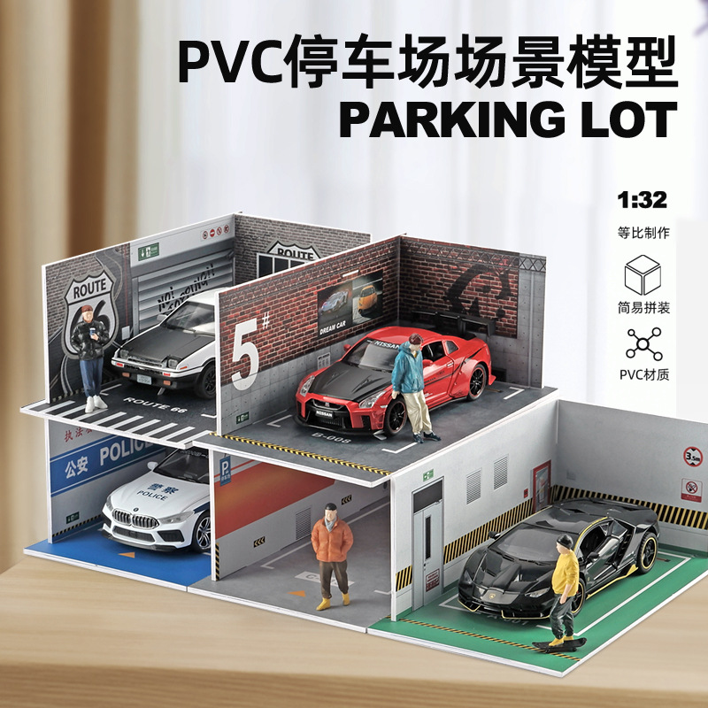1:32 scale miniature parking lot model, car model, underground parking garage, parking space background wall decoration