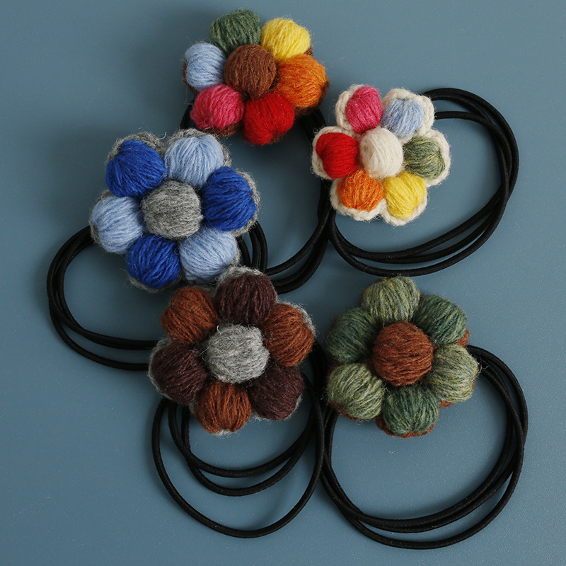 Hand-Knitted Rainbow Puff Rubber Band, Wool Thread Crocheted Puff Flower High-Elastic Hair Band, Sweet Handmade Headwear