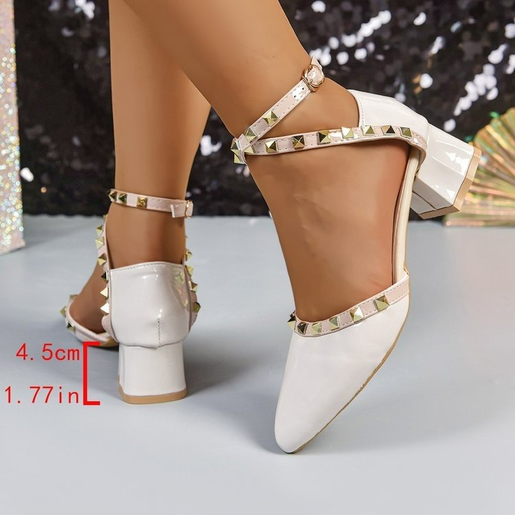 Sandalias Puntiagudas de Tacón Alto con Remaches de Tela y Caucho, Tacón Grueso, para Verano image 4