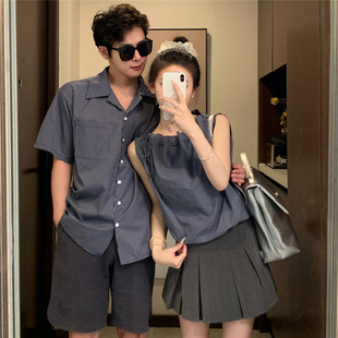 Different Couple Wear Summer New Korean Style Retro Design French Striped Drawstring Pleated Short-Sleeved Shirt