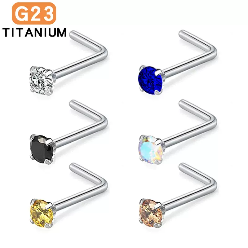 跨境电商G23鼻钉3mm爪锆石L形直杆鼻环钛合金个性包钻鼻钉现货