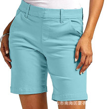 2024年新款女士舒适休闲直筒高弹斜纹五分打底裤带口袋短裤