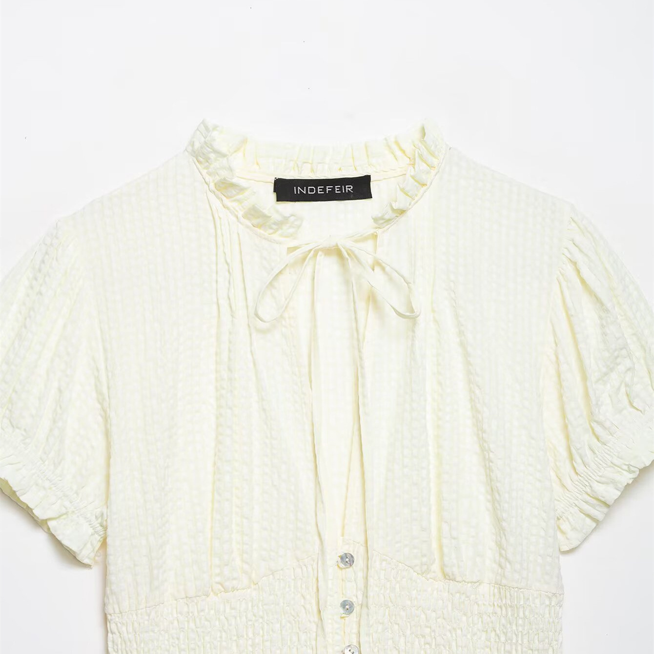 Women's Sweet Bow Detail Short Sleeve Blouse, Flattering Bubble Sleeve Top With Lace Trim, Spring Essential In Beige, Brown, Pink, Light Blue, Navy_ecoleips.com