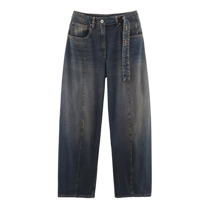 Cross-Border Foreign Trade European and American Style Women's Clothing Aliexpress Fashionable and Elegant Loose Barrel-Shaped Low-Waist Wide-Leg Jeans
