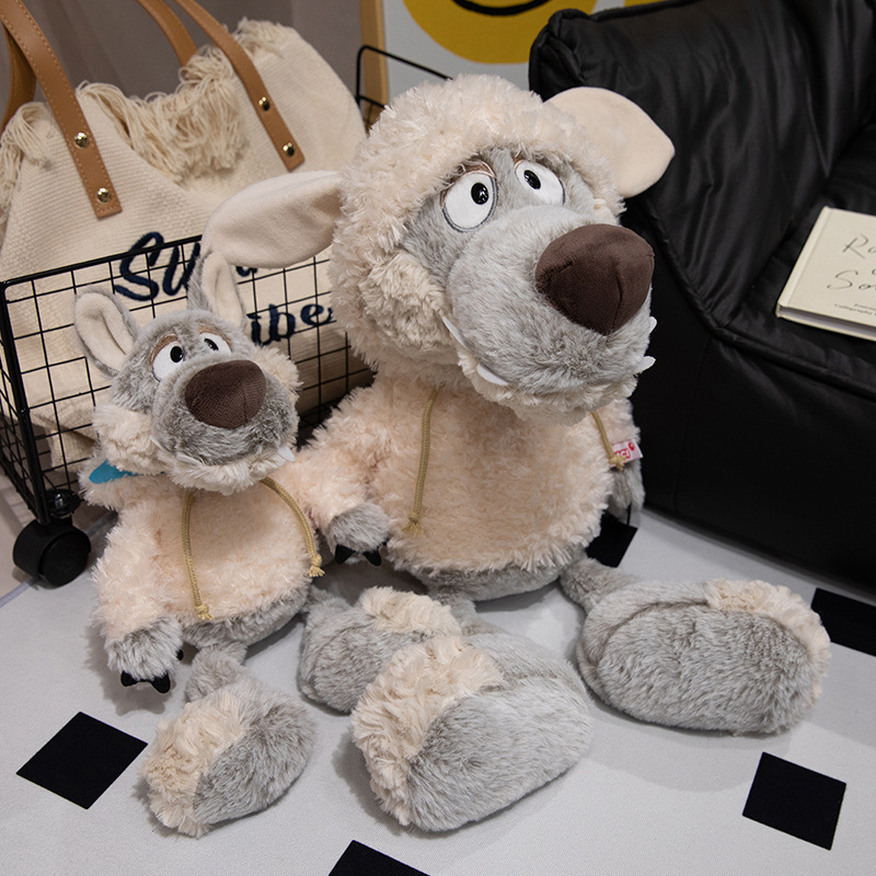NC wearing a hat, a little wolf cub in sheepskin, a doll, a cute gray wolf plush doll, a birthday gift for children