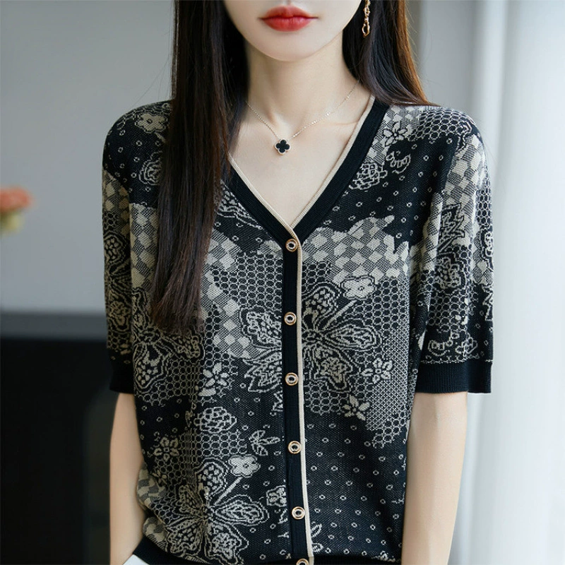 Новый дизайн, контрастный жаккардовый вязаный женский тонкий пуловер с короткими рукавами и v-образным вырезом из 100 лиоцелла Tencel, искусственный кардиган