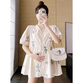 D6C刺绣娃娃衫上衣+托腹短裤两件套夏孕妇装夏季短袖套装时尚韩版