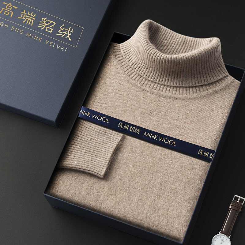 Autumn and Winter Mink Sweater Men's Turtleneck Sweater Solid Color Lapel Warm Thickened High-end Cashmere Knitted Base Shirt