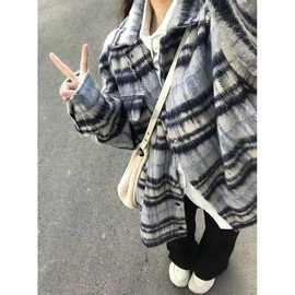 复古小香风格纹毛呢外套女秋冬装宽松中长款加厚学生磨毛衬衣上衣