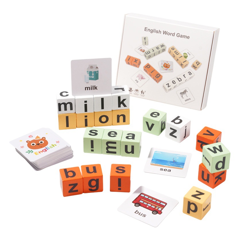 Tarjeta de palabra en inglés para niños juguete de palabra de madera Montessori Educación temprana carta cubo batalla de varias personas Juego de mesa
