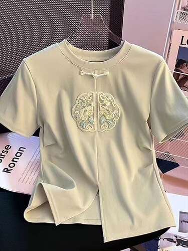 New Chinese style straight shoulder loose short sleeves slimming design, national style, Chinese style, new style, contrasting color, all-match top, trendy
