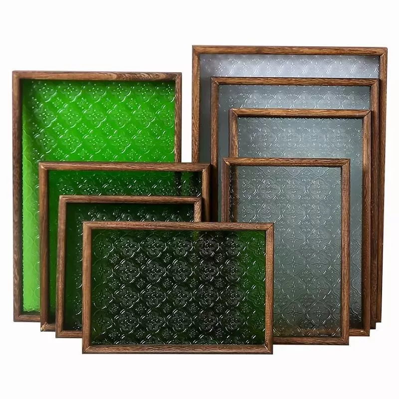 复古海棠花玻璃托盘长方形家用点心木质放茶水杯子茶具托盘茶盘