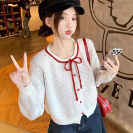 2025秋薄款女装针织衫上衣外套蝴蝶结波点撞色长袖宽松针织开衫女