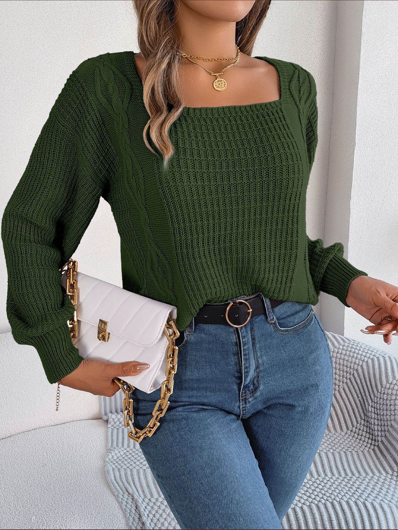 420g Weight Long Sleeve Sleeve Length Pullovers Placket Type Regular Sleeve Sleeve Type Polyacrylonitrile Fiber Fabric Type Regular Top Length Sweater Tops Type Holiday, Daily Occasion Square Neck Neckline Loose Fit Type Plaid, Solid Color Pattern Winter, Autumn Season Women's Gender Streetwear Style Wholesale Women's Streetwear Plaid Solid Color Long Sleeve Sweaters & Cardigans 10