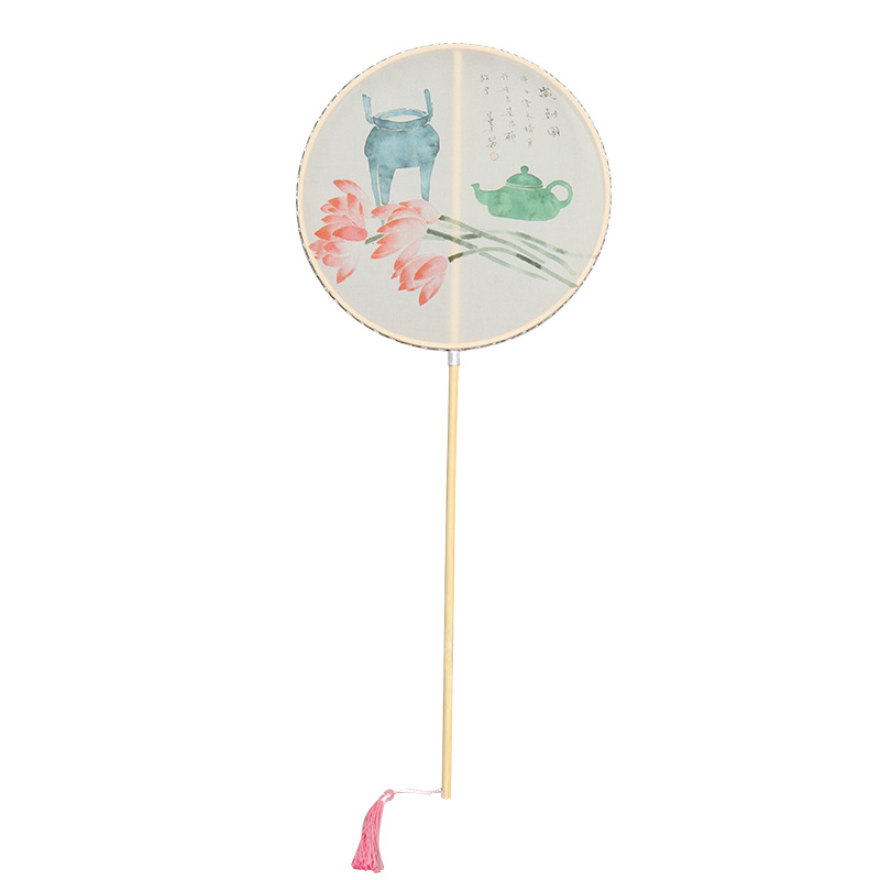 Ventilador de la cintura estilo antiguo hanfu ventilador de impresión al por mayor cheongsam ventilador de la cintura mango largo borla rizado ventilador colgante mango largo ventilador de bambú púrpura