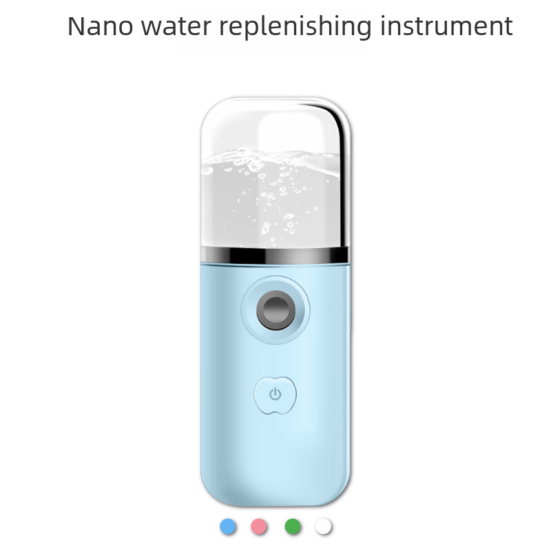 Apple-style button water replenishing handheld beauty device USB charging mist sprayer sprays alcohol for disinfection and logo imprinting.