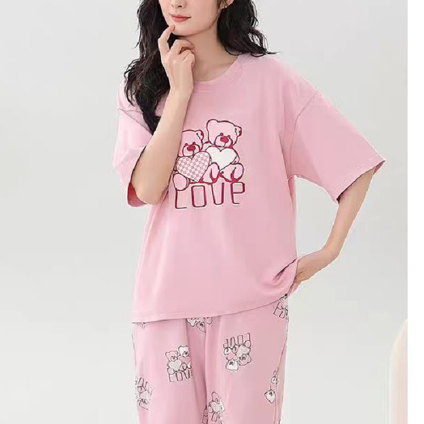 Venta al por mayor transfronteriza de nuevo estilo pijamas de cuello redondo pantalones de manga corta para mujer verano fino imitación algodón dibujos animados casual servicio a domicilio traje simple image 7