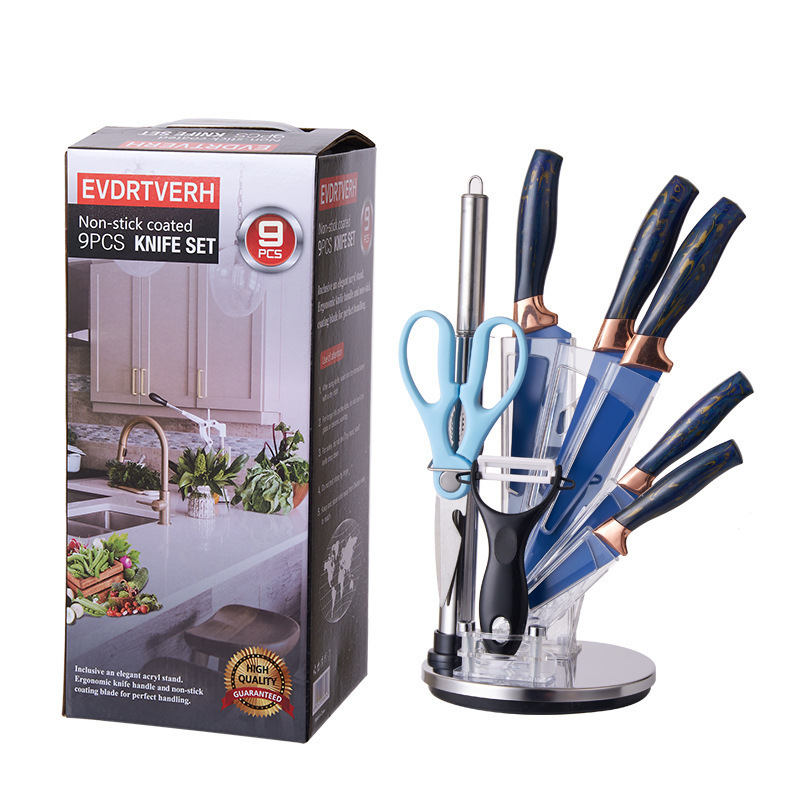 Factoria de comercio exterior al por mayor de nueve piezas cuchillo de asiento giratorio cuchillo de asiento cuchillo de acero inoxidable cuchillo de cocina