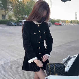 跨境韩版小香风黑色丝绒连衣裙女2024秋冬新款法式收腰显瘦短裙子