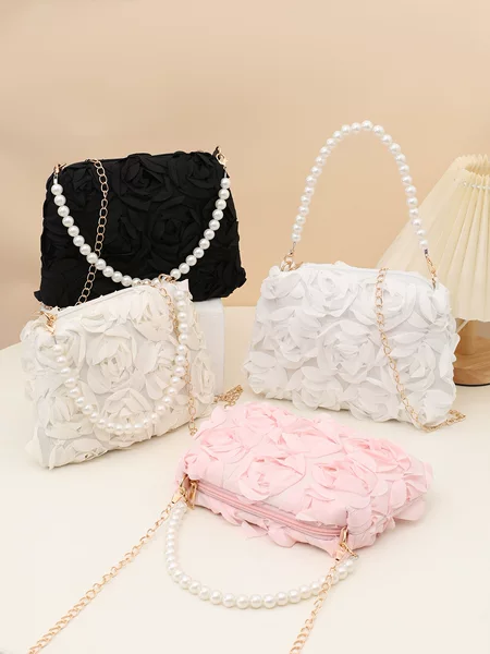 Three-Dimensional Rose Flower Bag with Pearl Chain and Rose Petal Design, Crossbody Handbag for Everyday Urban Simplicity
