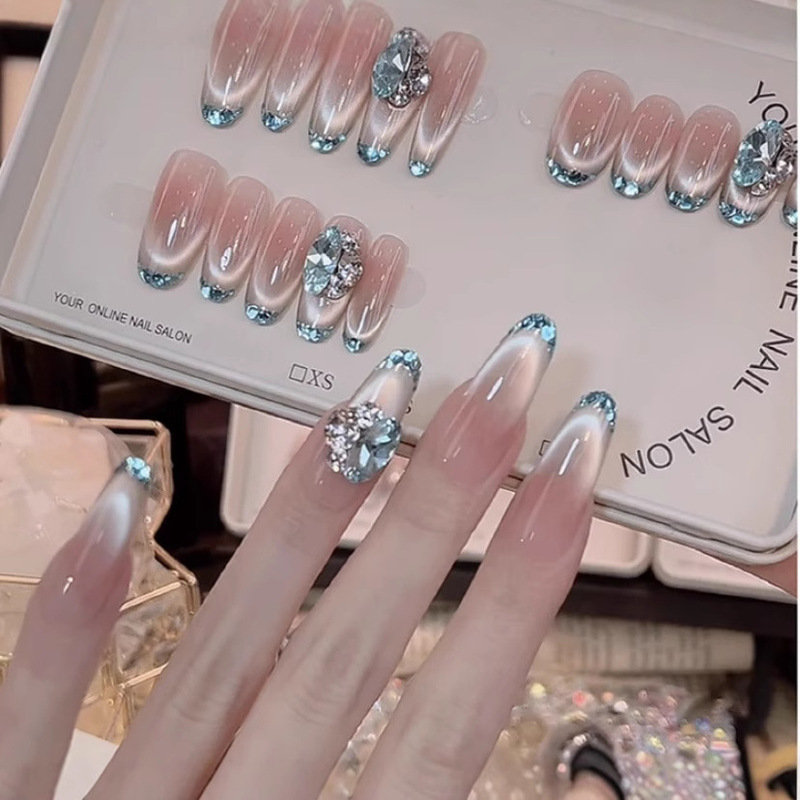 [Blue dopamine] pure hand-worn nail French blush gradient advanced sense pure hand-made cat's eye nail stickers