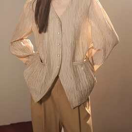 [YQGFS]肌理感2023新款小众法式衬衣香风复古V领衬衫女春长袖时尚