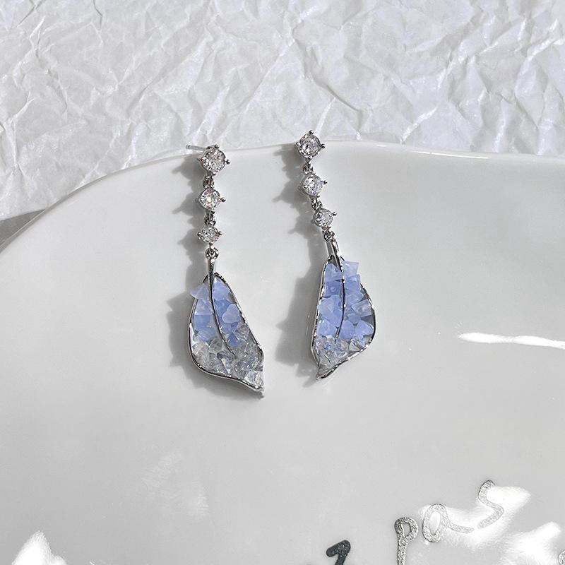 Sea Salt Ice Crystal Series Iceland Leaf Earrings Pendant Women's Summer 2024 New Blue Crystal Earrings