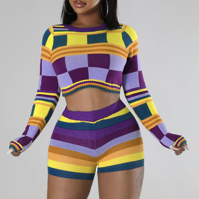 Vintage Style Color Block Spandex Polyester Contrast Binding Pants Sets 2 Piece Set