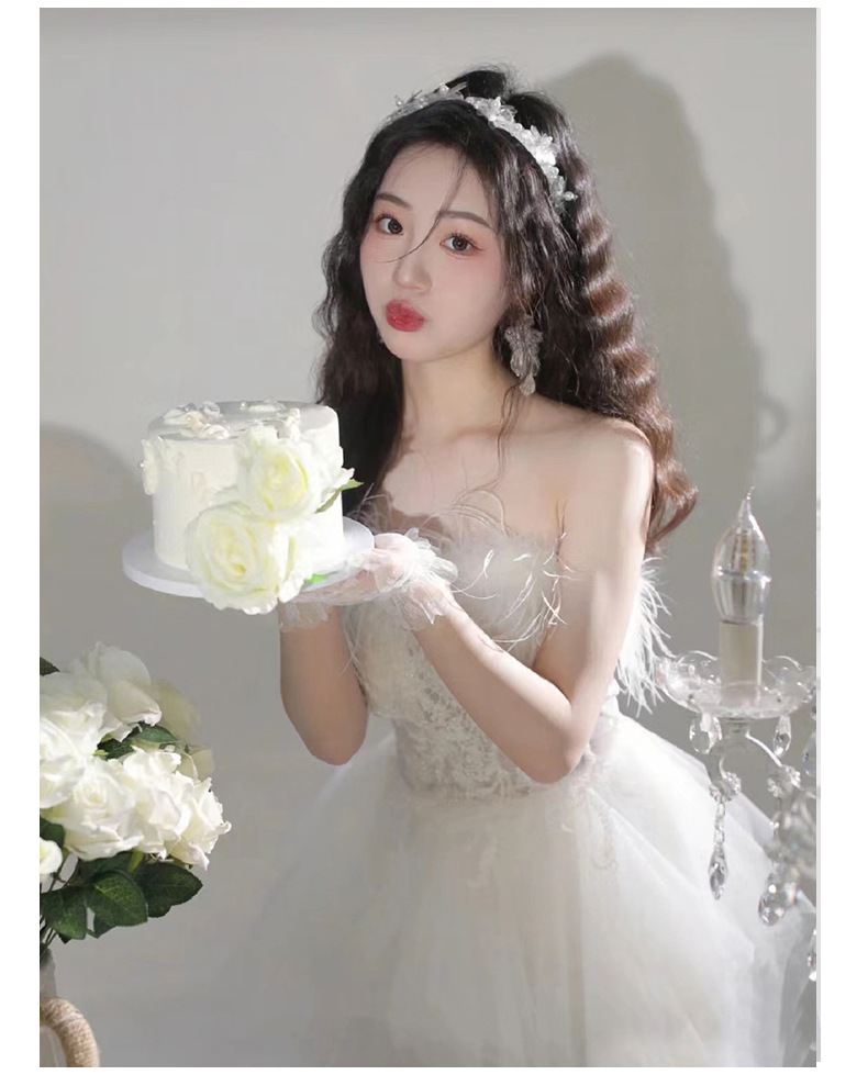 Váy dạ hội lông vũ trắng tay ngắn thắt eo — Màu trắng chi tiết 6