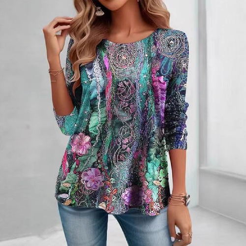 New hot-selling women’s clothing—European and American-style fast-moving Amazon product: Colorful digital-print long-sleeved T-shirt 5366