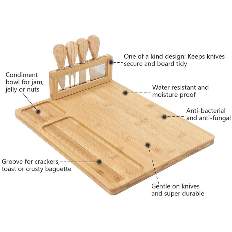 Plato de queso de bambú plato de queso traje de plato de comida cocinada bandeja de servicio conjunto de cuatro piezas cuchillo y tenedor vajilla ventas directas de la fábrica