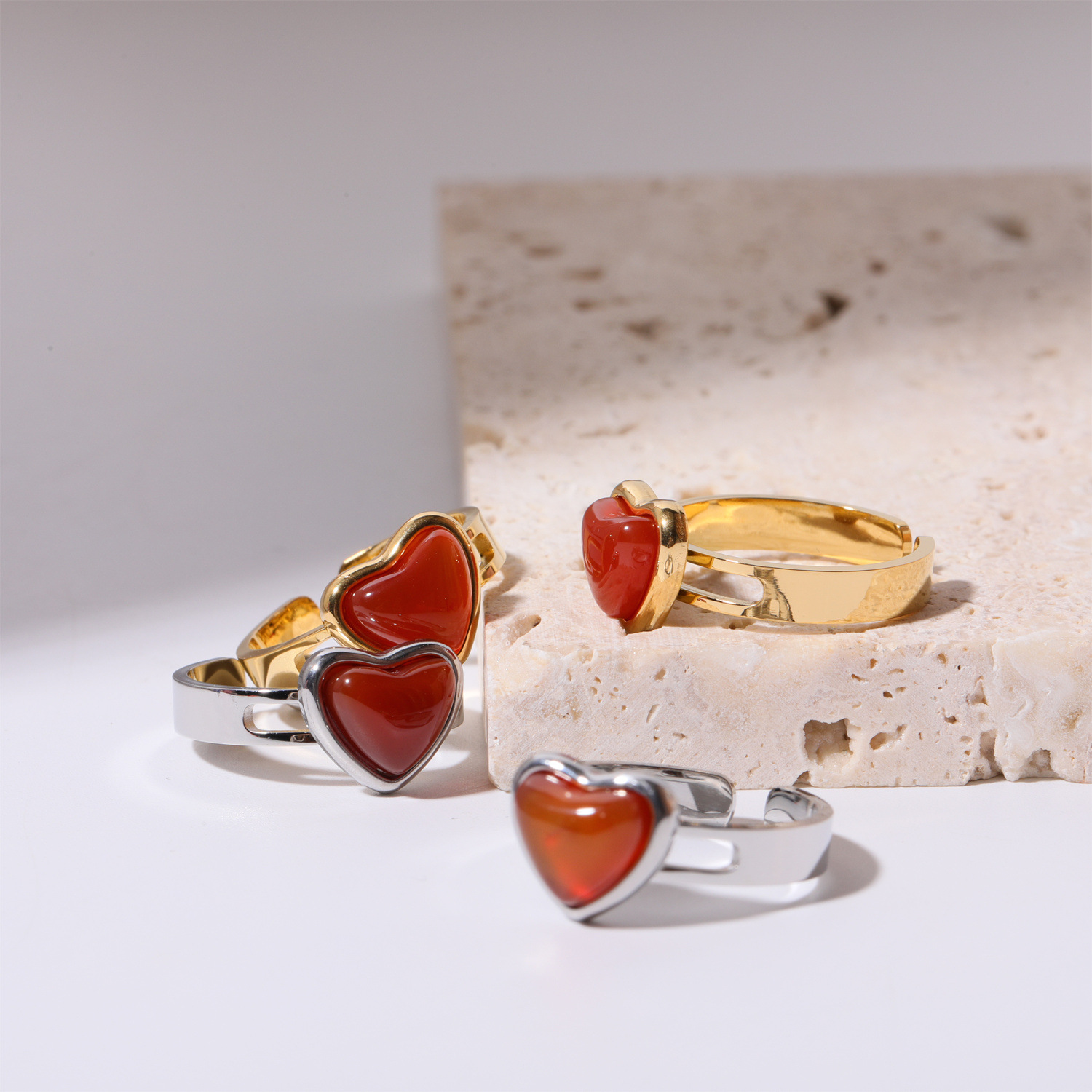 Inlay Design 304 Stainless Steel Agate Titanium Steel Retro Inlay Heart Shape Agate Rings
