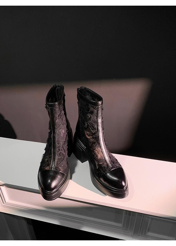 Boot nữ cổ thấp họa tiết ren hoa, gót cao 9 cm, mũi nhọn lưới thoáng khí — màu đen, màu trắng ngà chi tiết 20