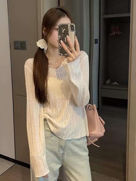夏の新しいスタイルの微透け木耳日焼け止めブラウス、女性用、長袖、ゆったり、レイジーTシャツ、スイートガールトップ|undefined