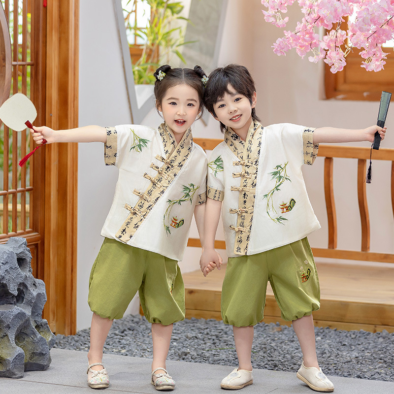 兒童漢服男童套裝女童唐裝2024新款國風寶寶夏季中式高端演出服裝