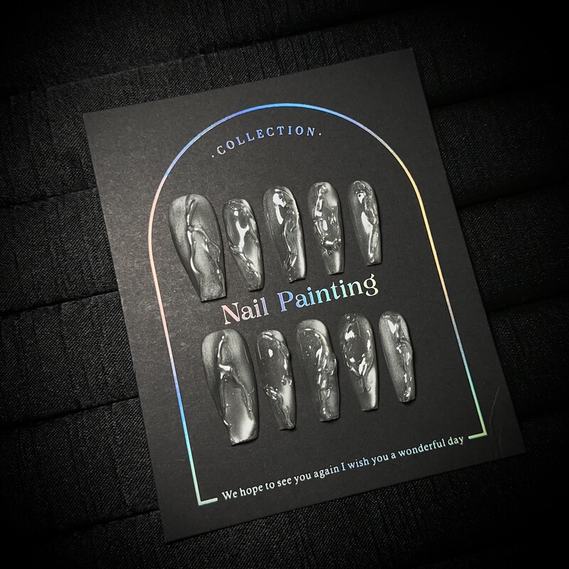 Pure Hand-Wearing Nail Pieces Advanced Sense Black Grey Cat's Eye Nail Art White Light Luxury silver Magic Mirror Fake Nail Patch