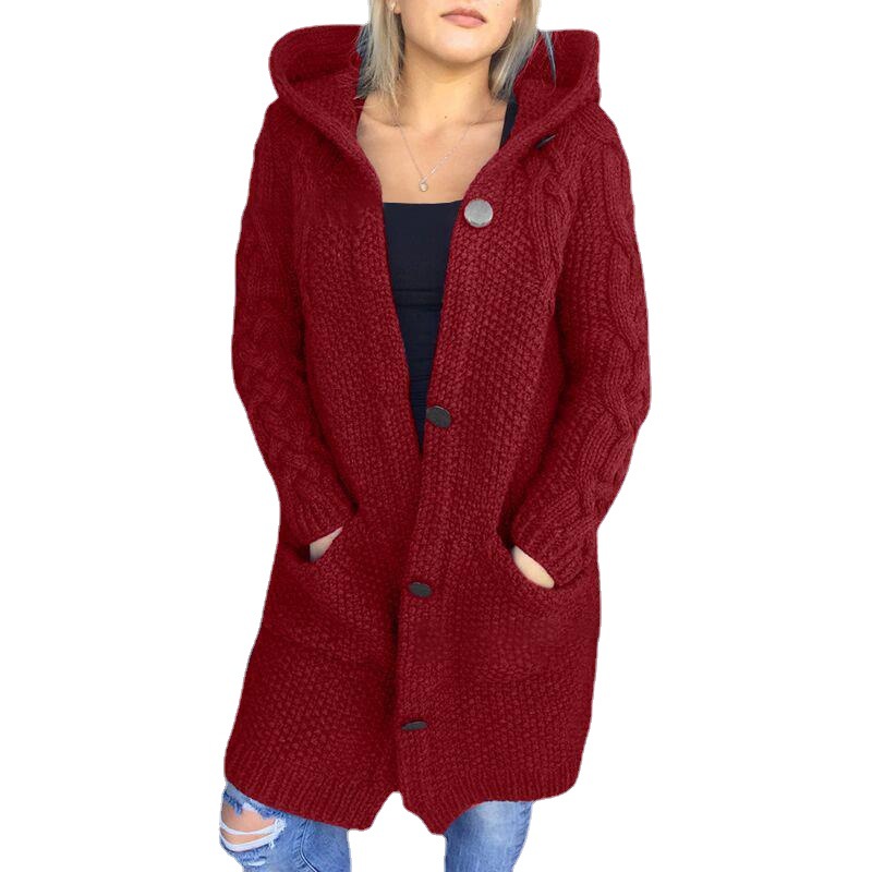 Women's Clothing autumn and winter thickened sweater cardigan hooded long knitted sweater large size women's coat thick _voghion.com